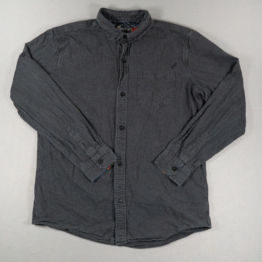 Pladra Mens Shirt Large Cotton Flannel Long Sleeve Fish Print Grey Button Down